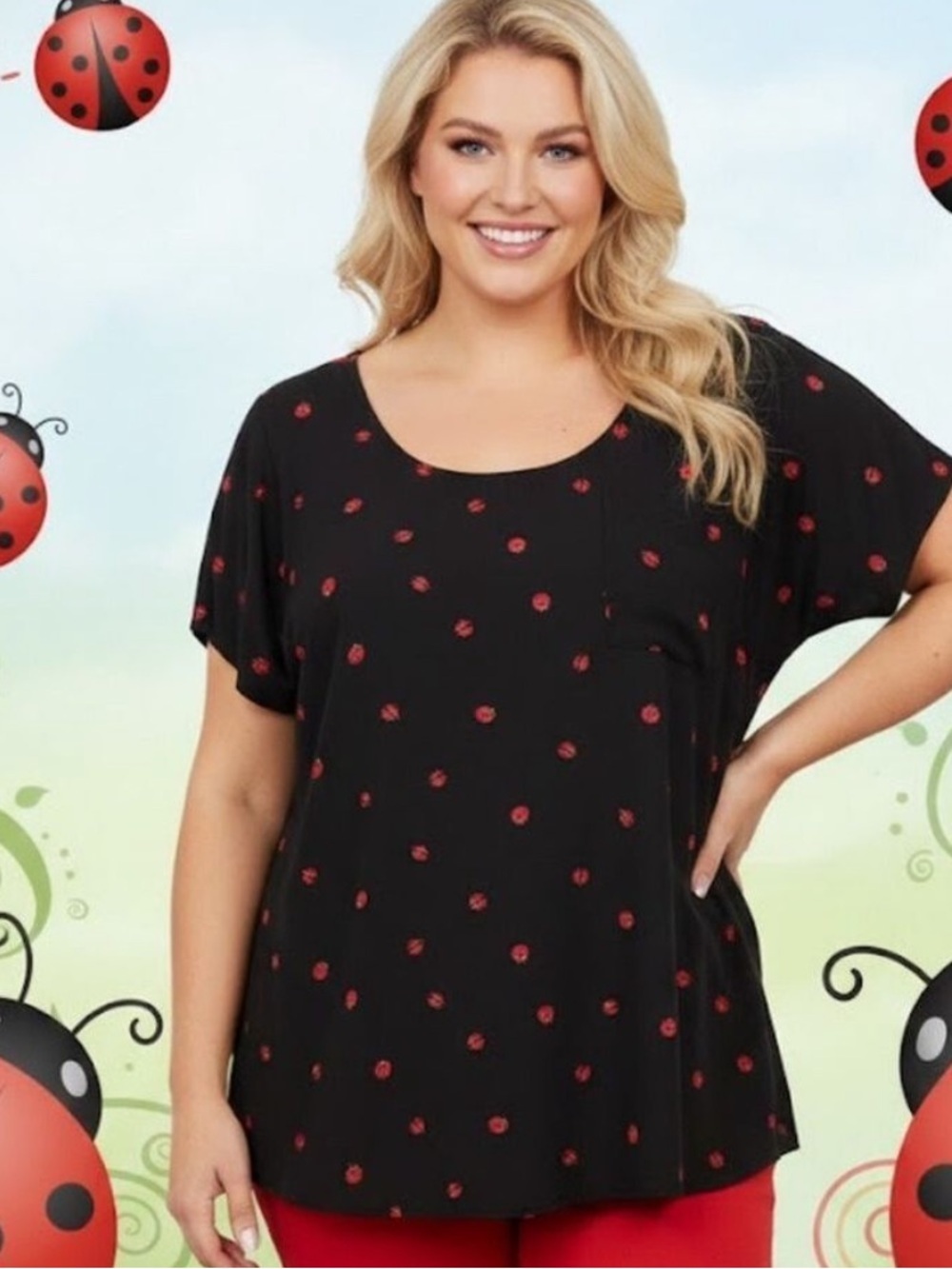 Torrid Ladybug Print Chiffon Button-Back Top in Black and Red - Size 3X